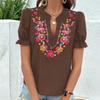 Женская летняя блузка с короткими рукавами, V-образным вырезом, вышивкой, повседневная, пуловер, рубашка, топ с оборками
