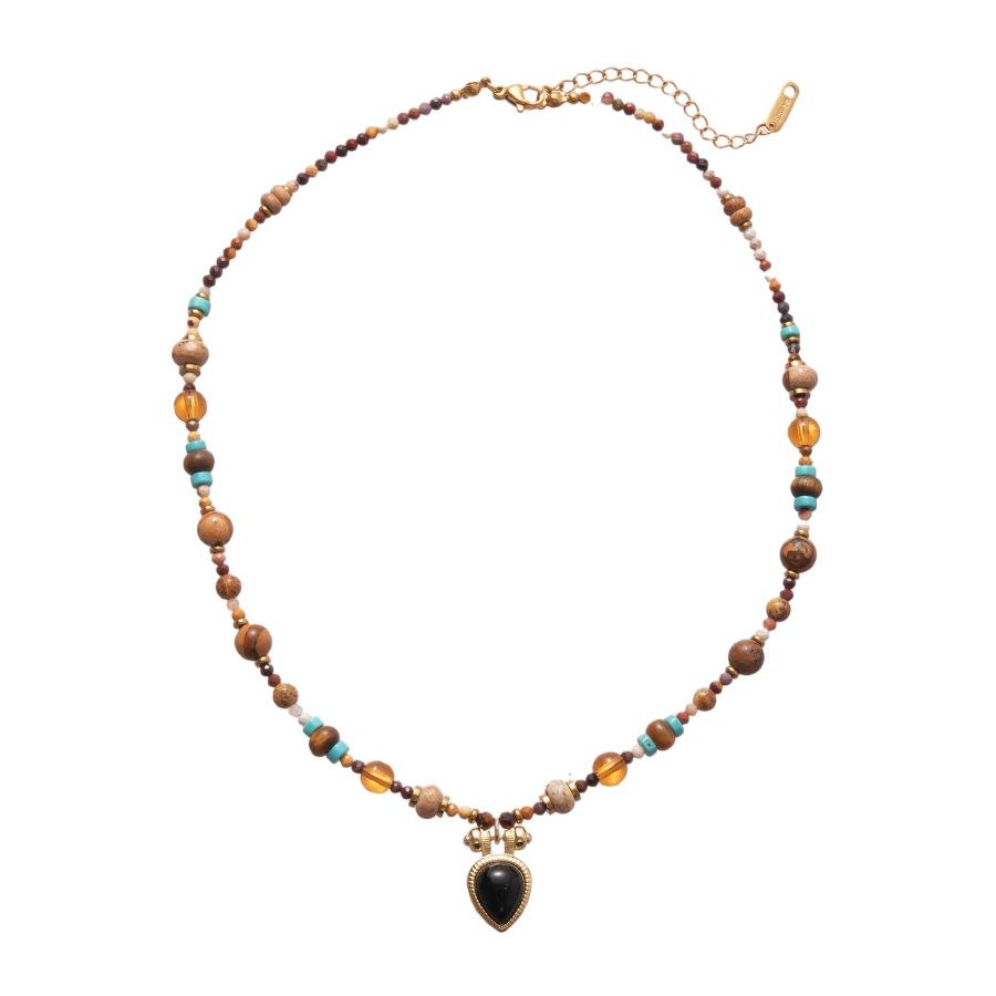 Retro ethnic-style glass bead and tiger's eye stone heart necklace, a luxurious and sophisticated clavicle chain, a fashionable and unique piece of