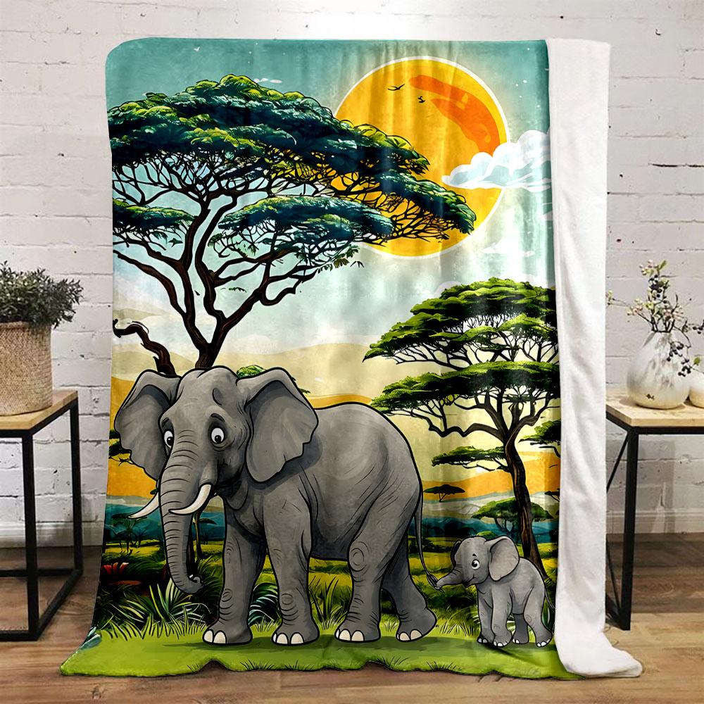 Elephants in Sunset Savanna Scene Patterned flannel blanket perfect for the bedroom living room, sofa, or a little nap