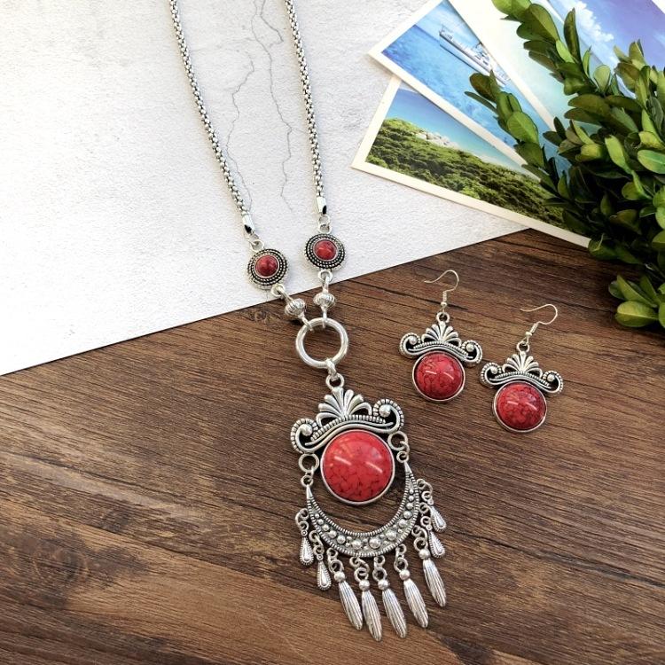 Винтажные национальные ожерелья с бирюзой, богемный универсальный темперамент, преувеличенный редкий бирюзовый кулон, комплект серег