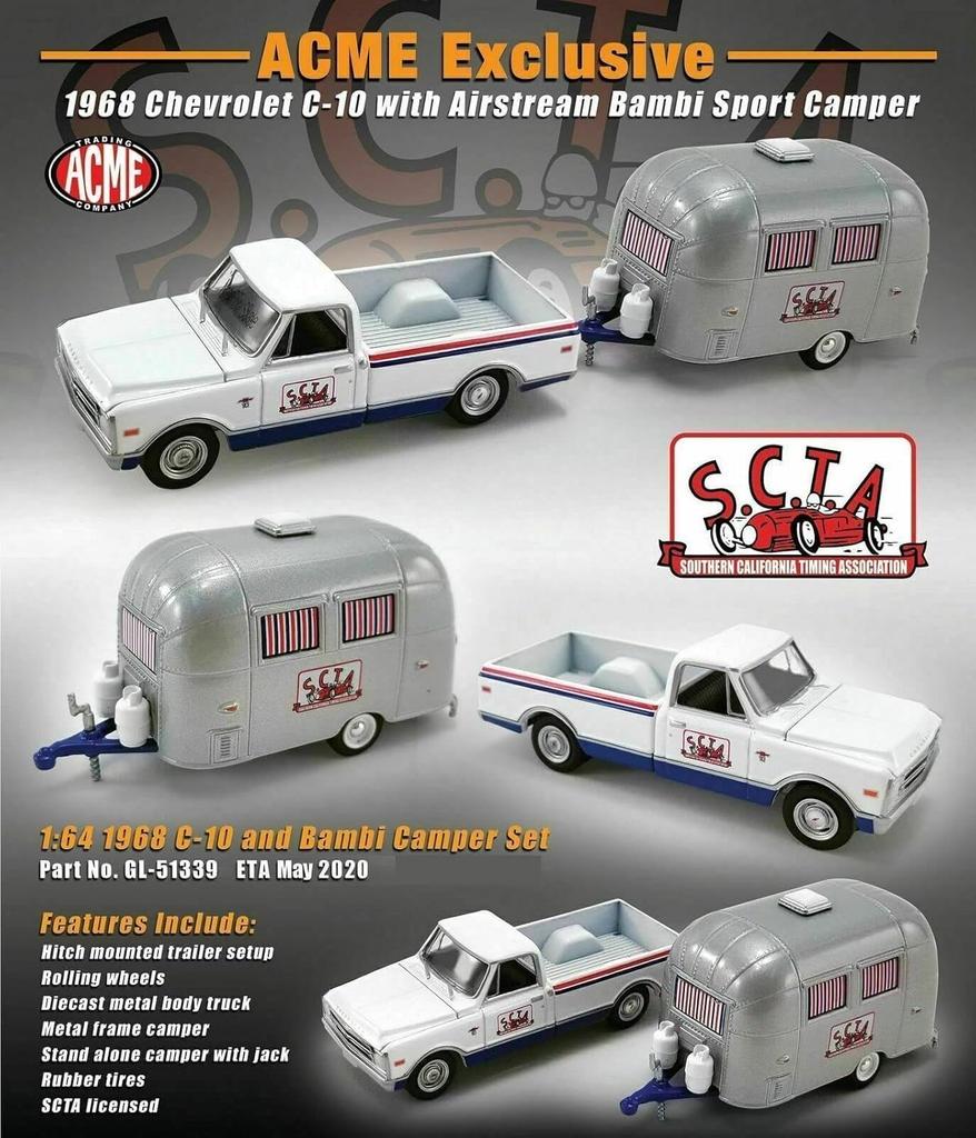Greenlight ACME Scale Chevrolet C10 with Airstream Bambi Sport 1968 Greenlight Chevy Airstream 1/64 S.C.T.A.