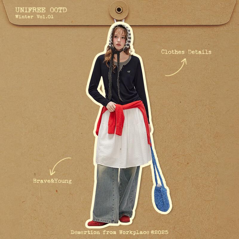 unifree American Retro Faux Two-Piece Color Block Pullover Knitted Sweater