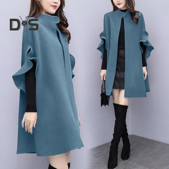 Женское зимнее пальто с рукавами-лепестками, воротником-стойкой, накидкой-трапецией, кардиганом средней длины с открытыми стежкам, шерстяным пальто для улицы, пончо