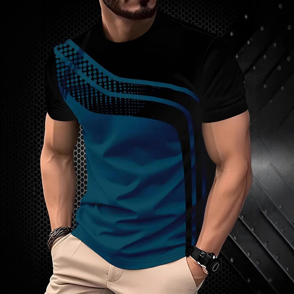 Summer Round Neck Striped Contrasting 3D Print Top Fashionable Casual Simple Short Sleeved Men's T-shirts