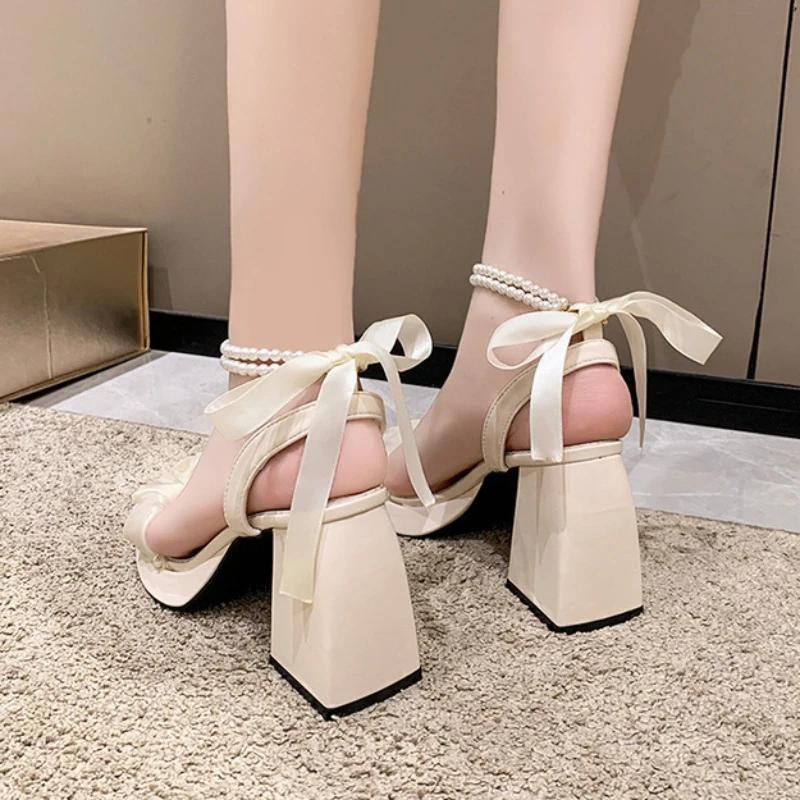 2025 Women's Pumps with Elegant Bows Women Shoes Party Square Toe Pearl Sandals Thick Heel Shoes for Women Retro Zapatos