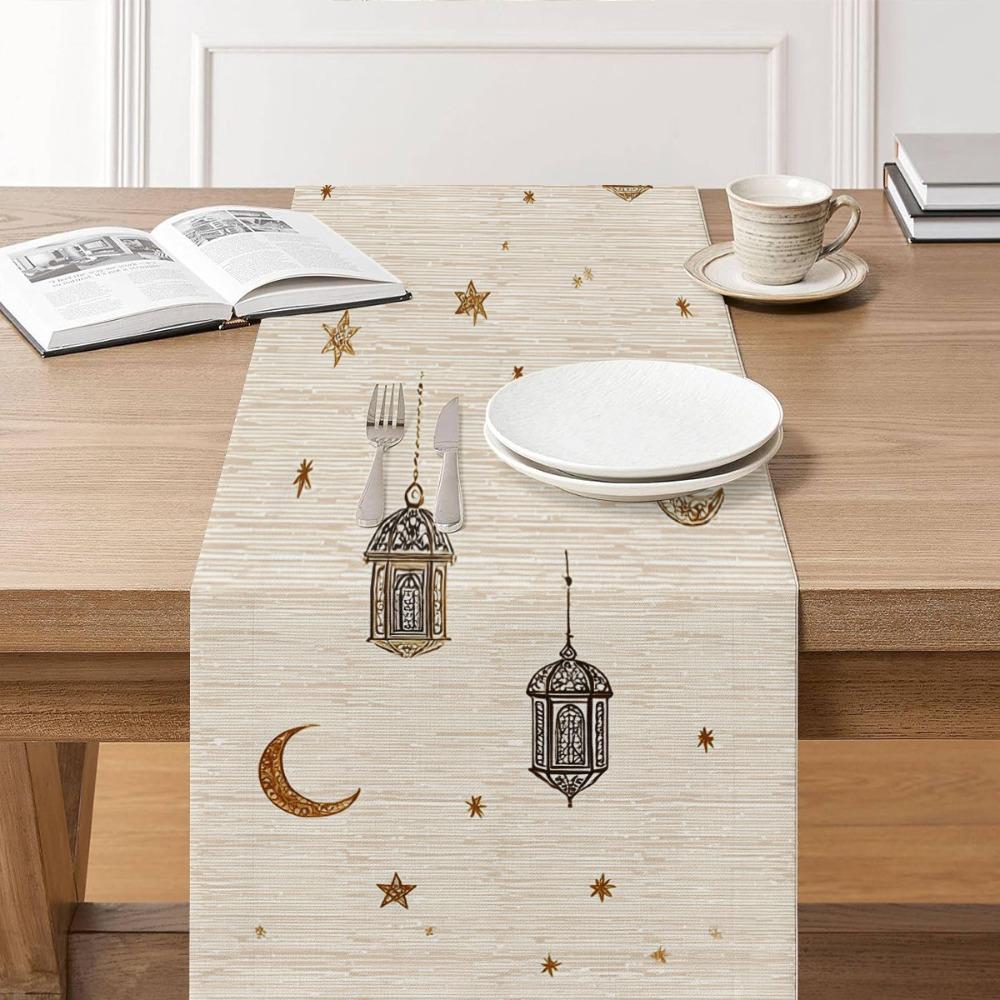 Vintage Moon Star Table Runner Washable Dinner Table Cloth Ramadan Table Runner Kitchen
