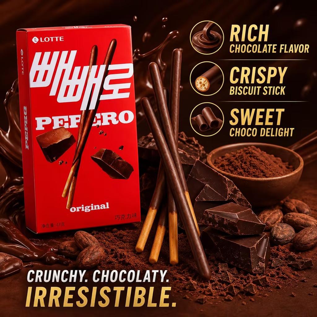 Lotte Pepero Бисквитные палочки со вкусом шоколада 47 г | Хрустящие бисквитные палочки, покрытые нежным шоколадом, насыщенный шоколадный вкус