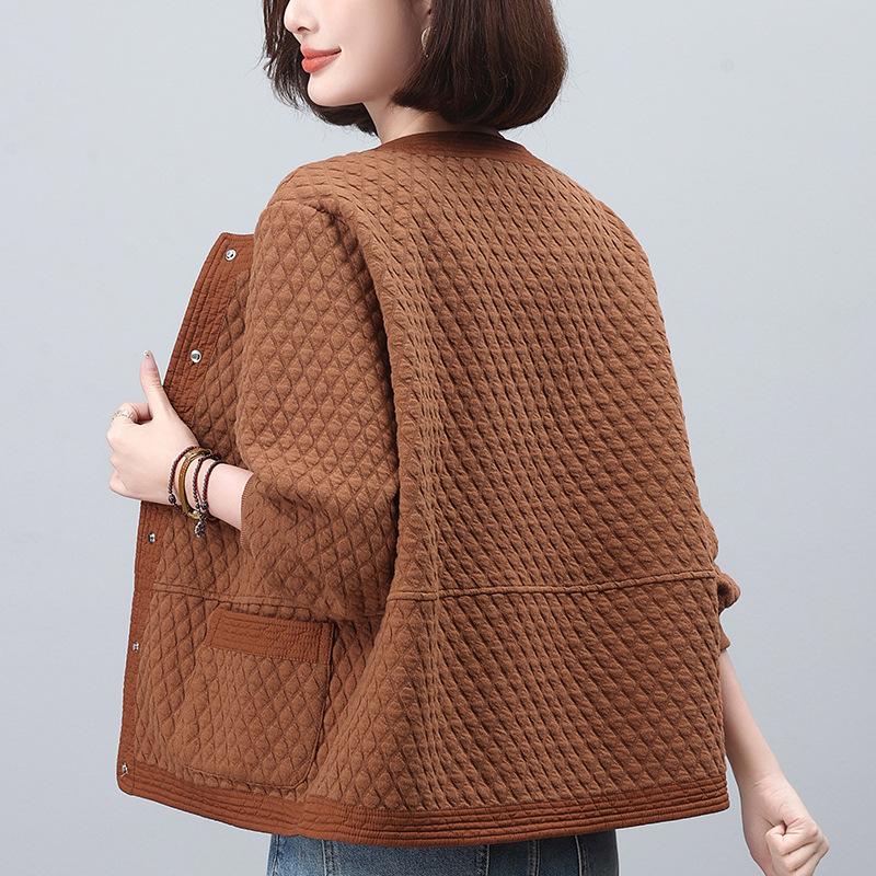 Women's Argyle Baseball Jacket - Loose Casual Round Neck, Long Sleeve for Spring & Autumn