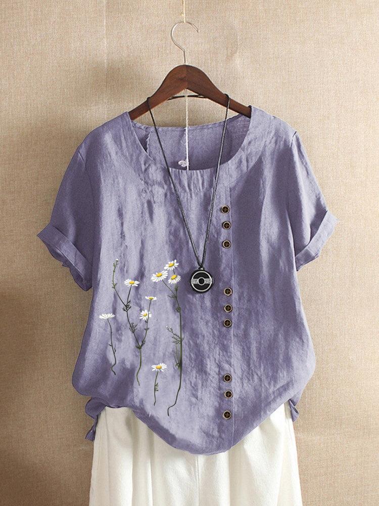 Cotton and Linen Printed T Shirt Tops Women's Summer Loose T Shirt Shirts