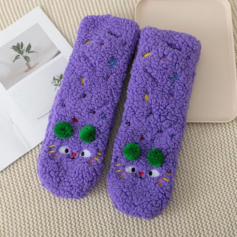 1 пара чулок до бедра, нескользящий материал шерпа, один размер, одежда для дома, забавный вышитый дизайн, толстые напольные носки, тепло, многоцветные