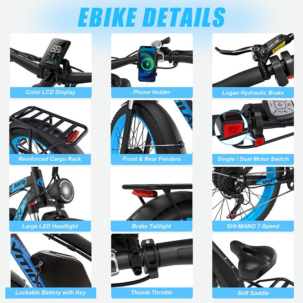 Electric Bicycle Adult Vitilan H5 1000Wx2 Motor LCD Display 52V 25AH Shimano 7 Speed All Terrain Ebike Max Load 150Kg Blue