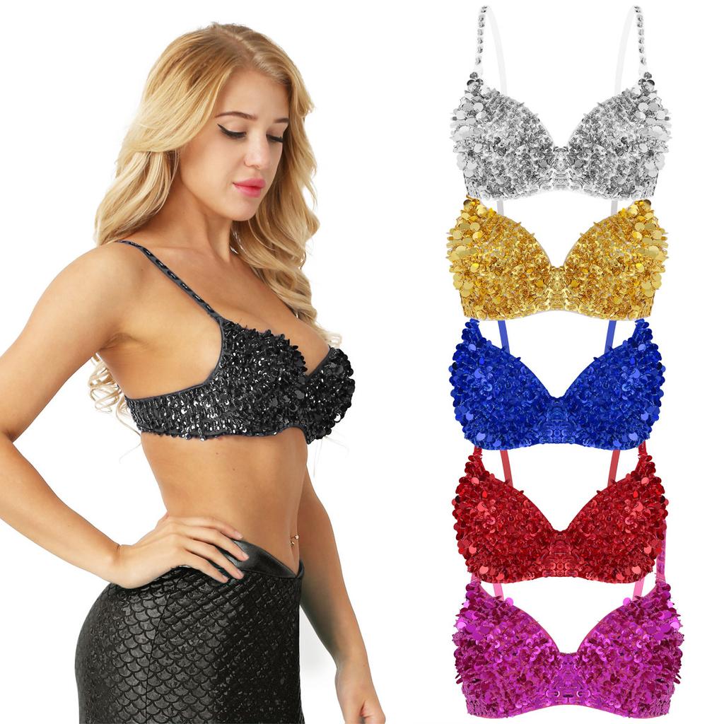 Women Fashion Lingerie Shiny Sequins Beading Padded Bra Top Raves Dances Club Wear