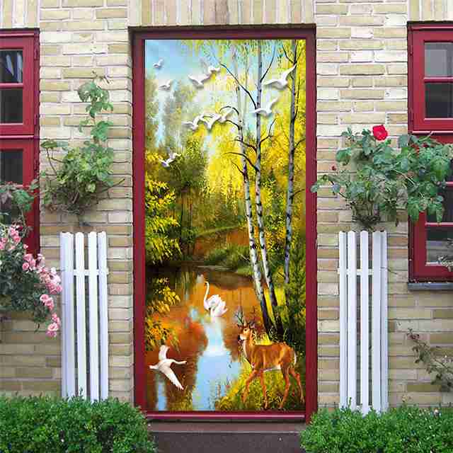 Картина маслом, наклейки на дверь, цветок, простые абстрактные линии, бамбуковые обои на холодильник для гостиной, домашний декор, художественная наклейка для спальни