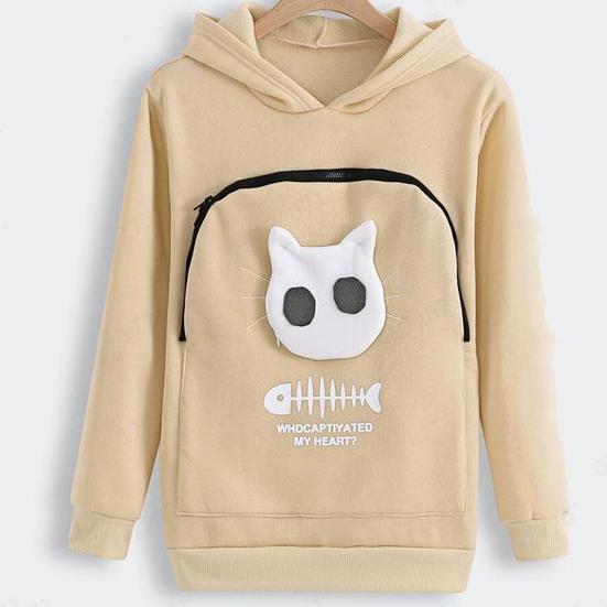 Women Spring Hoodie with Cat Nest Cartoon Print Big Zipper Pocket Hooded Long Sleeves Keep Warm Pullover Elastic Cuff Lady Hoodie Women Garment