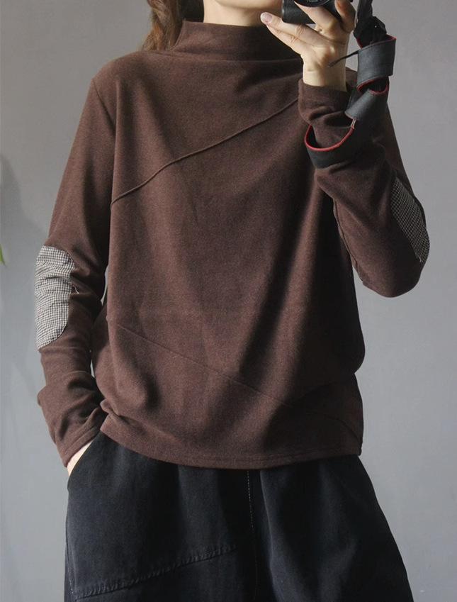 Женский этнический пуловер из флиса с пэчворком - Воротник-стойка, Осень/Зима, Свободный крой