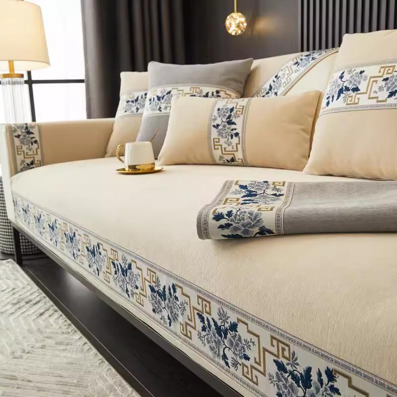 Однотонный чехол на диван с китайской вышивкой, серый шенилл, всесезонный, противоскользящая подушка для дивана, полностью закрывающий, пылезащитный диванный плед