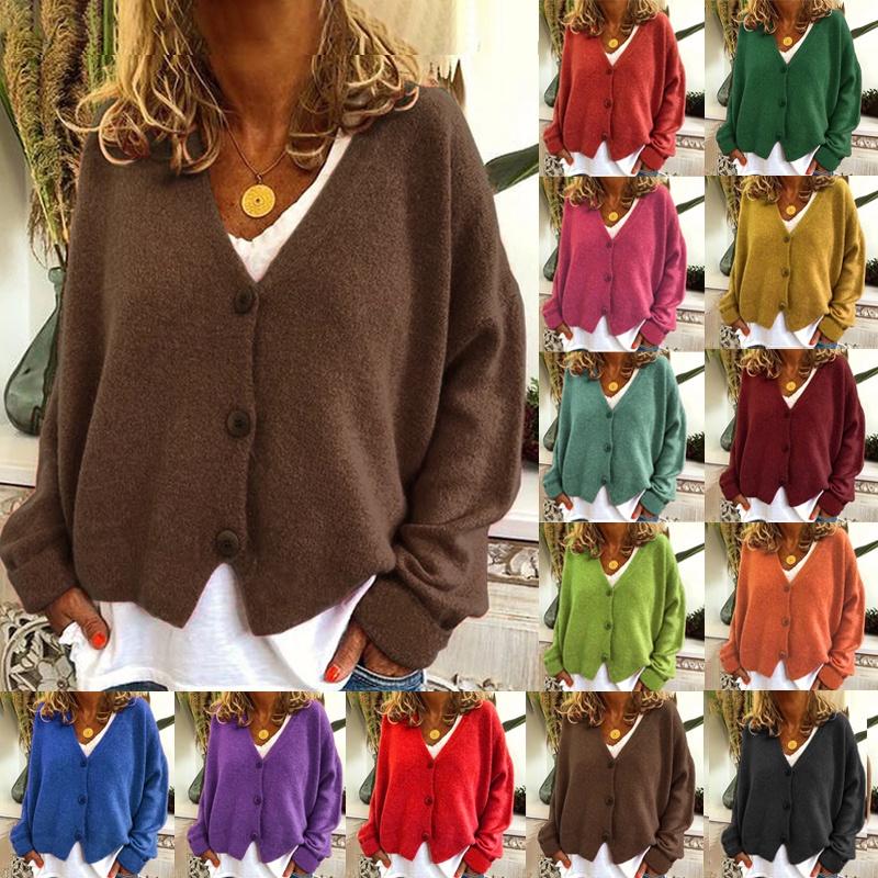 Knitted Womens Plain Coat Cardigan Ladies Button Loose Jumpers Sweater Size Plus
