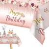 Rose Gold Birthday Tablecloth Pink Rose Flower Gold Happy Birthday Table Cover Happy Girls Princess Birthday Party Supplies