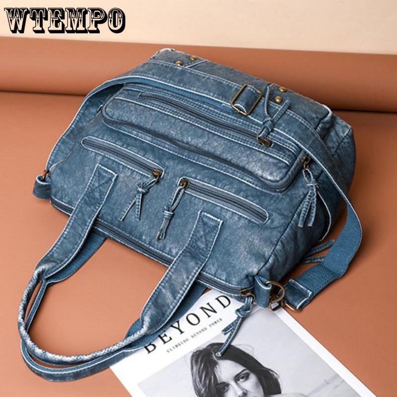 WTEMPO Ретро мытая кожаная сумка Модная женская большая сумка большой емкости с несколькими карманами