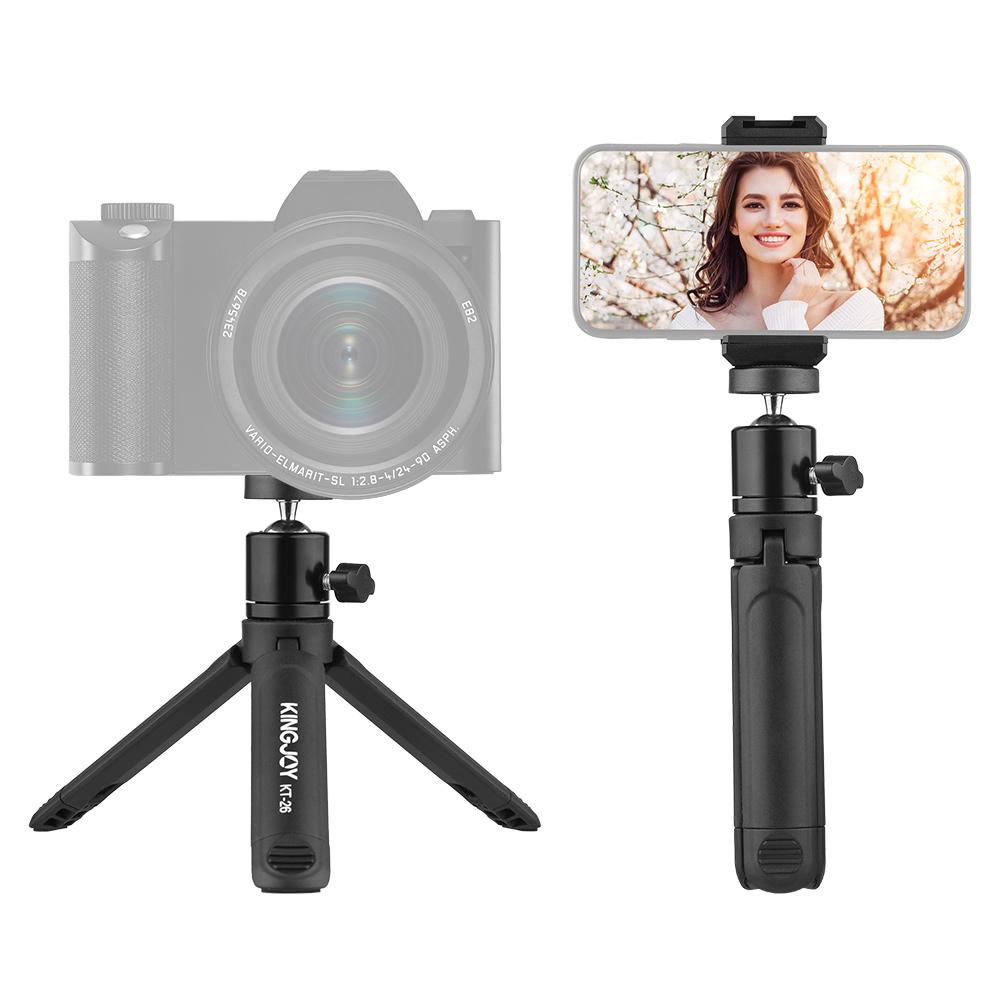 KINGJOY KT-26 Mini Desktop Tripod Rotatable Ball Head with Extendable Cold Shoe Phone Clip 1/4 Inch