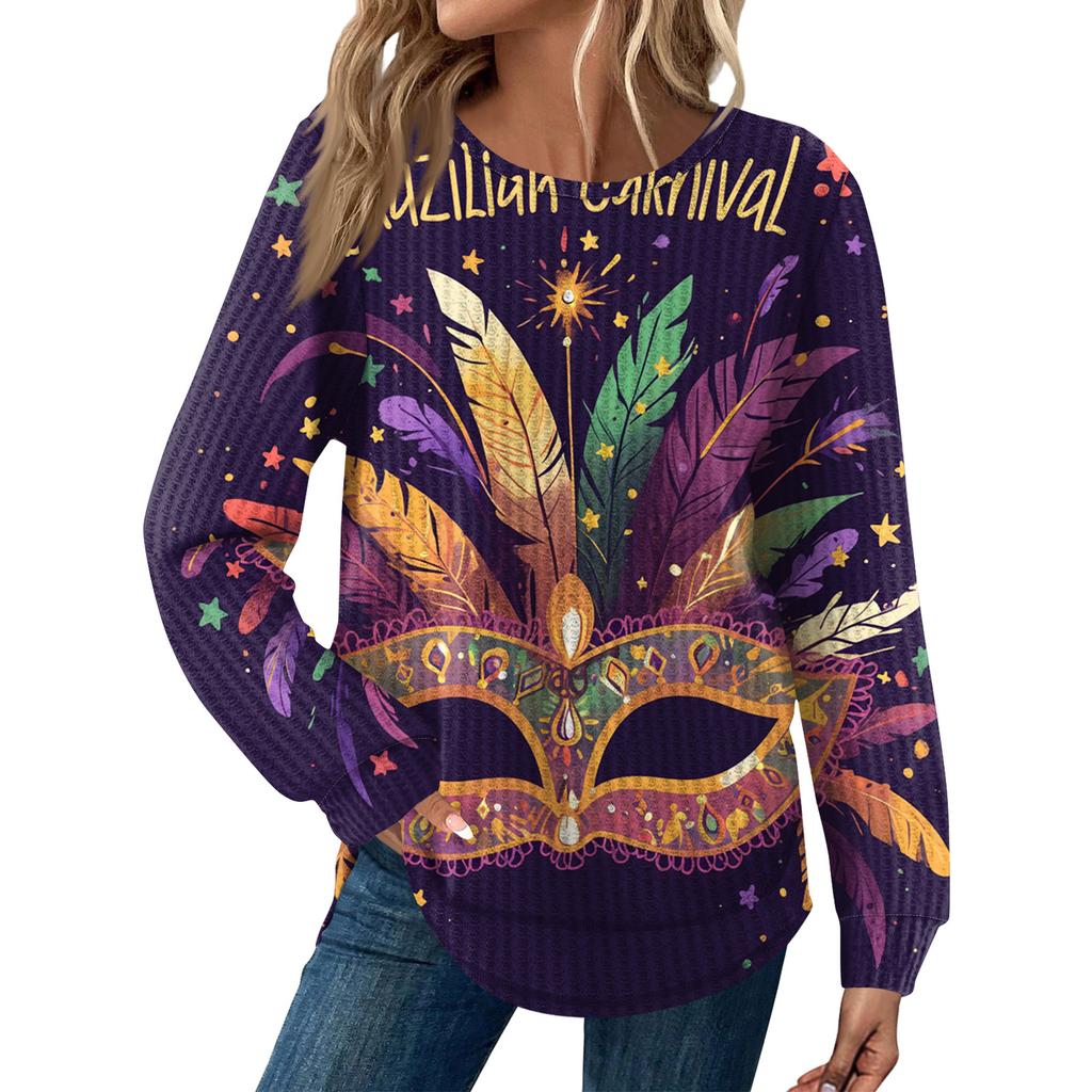 Women's Fashion  Loose Long Sleeve Carnival Print  Round Neck Casual Top