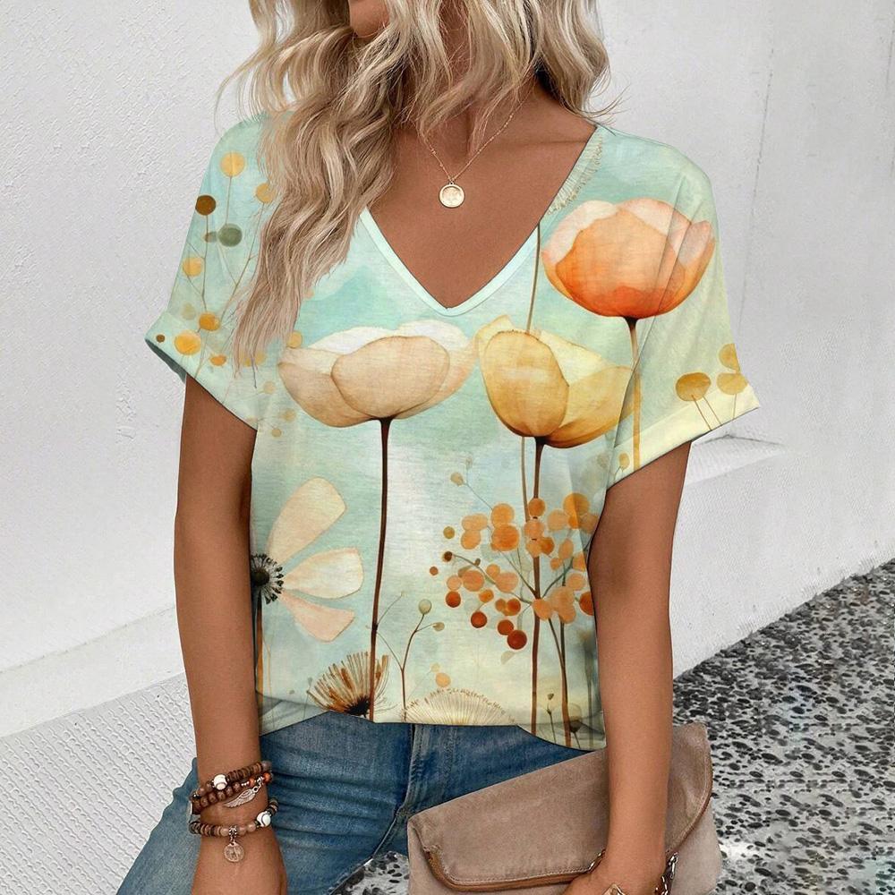 Summer New 3D Printe T-shirt Women's V-neck Top Summer Daily Short-sleeved White Comfortable Street T-shirt