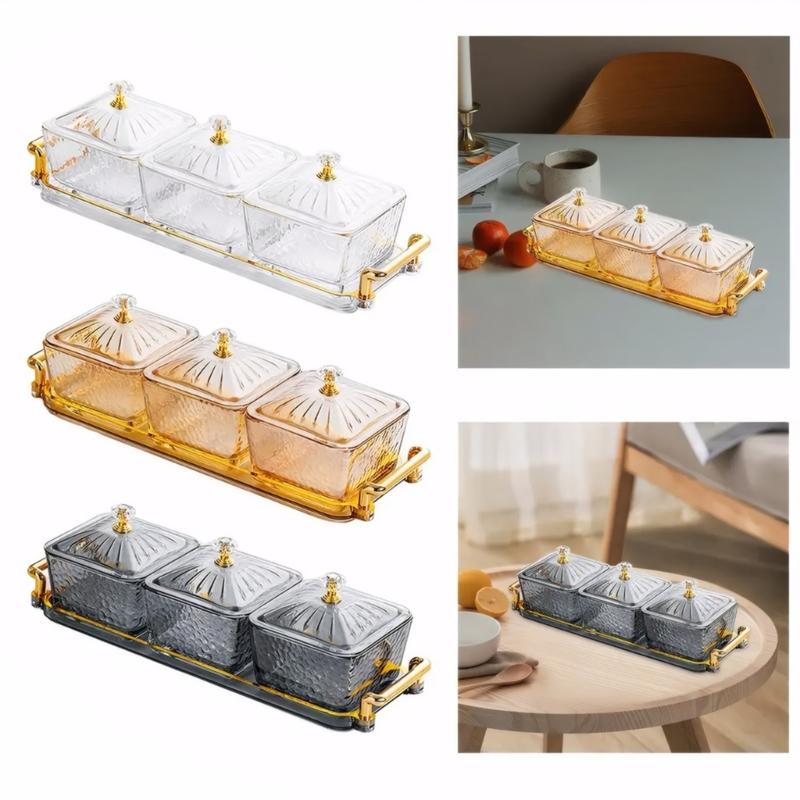 Стеклянные 3-секционные органайзеры для закусок с защитной крышкой и подносом и съемными мисками для сервировки на кухне и в столовой