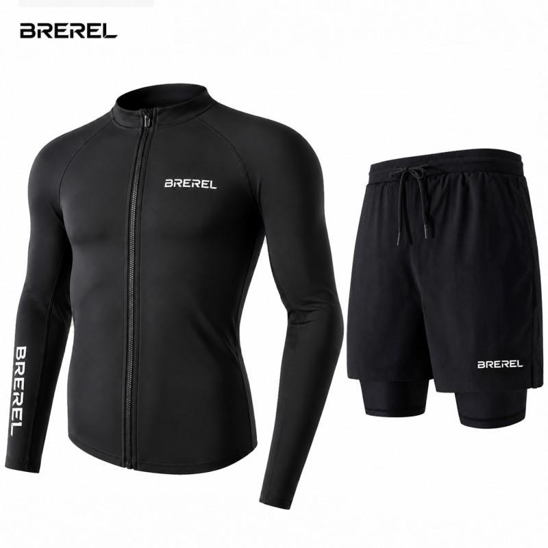 Mens UV Protection Rash Guard Set Long Sleeve Swim Shirt Quick-Dry Board Shorts Snorkeling Surfing Kayaking