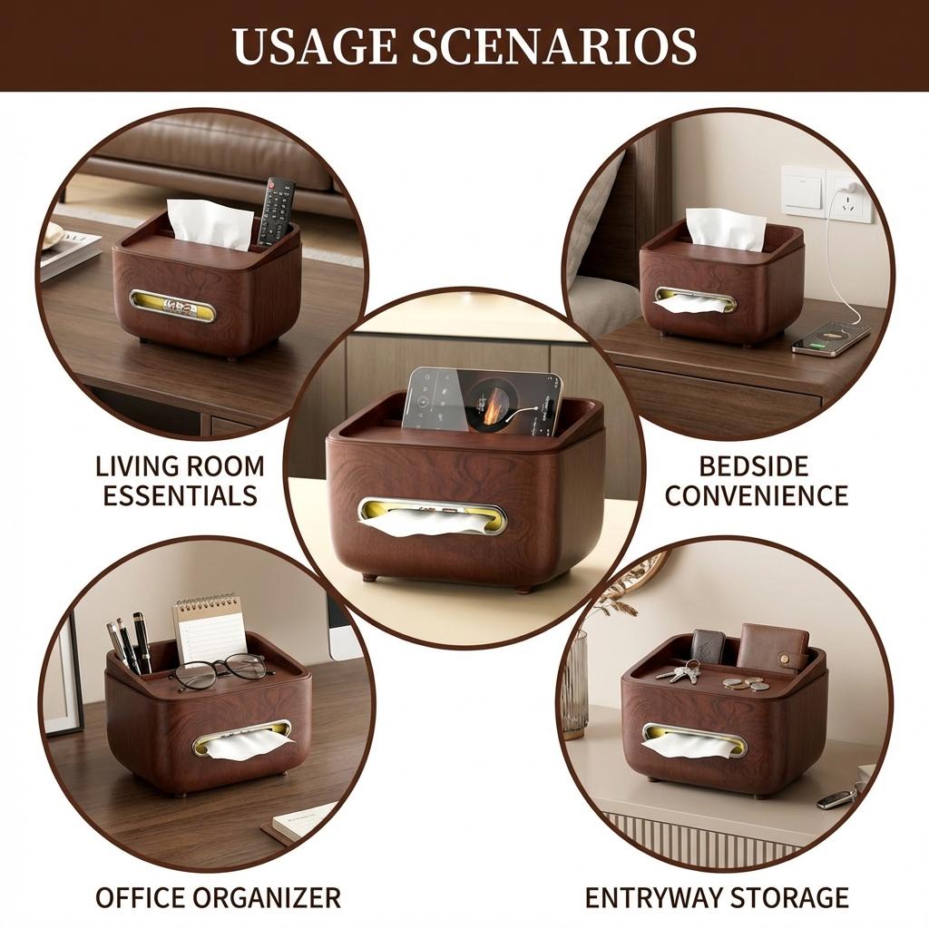 Multifunctional Tissue Box Cover with Storage for Remote & Phone Modern Desktop Organizer for Living Room Bedroom Coffee Table