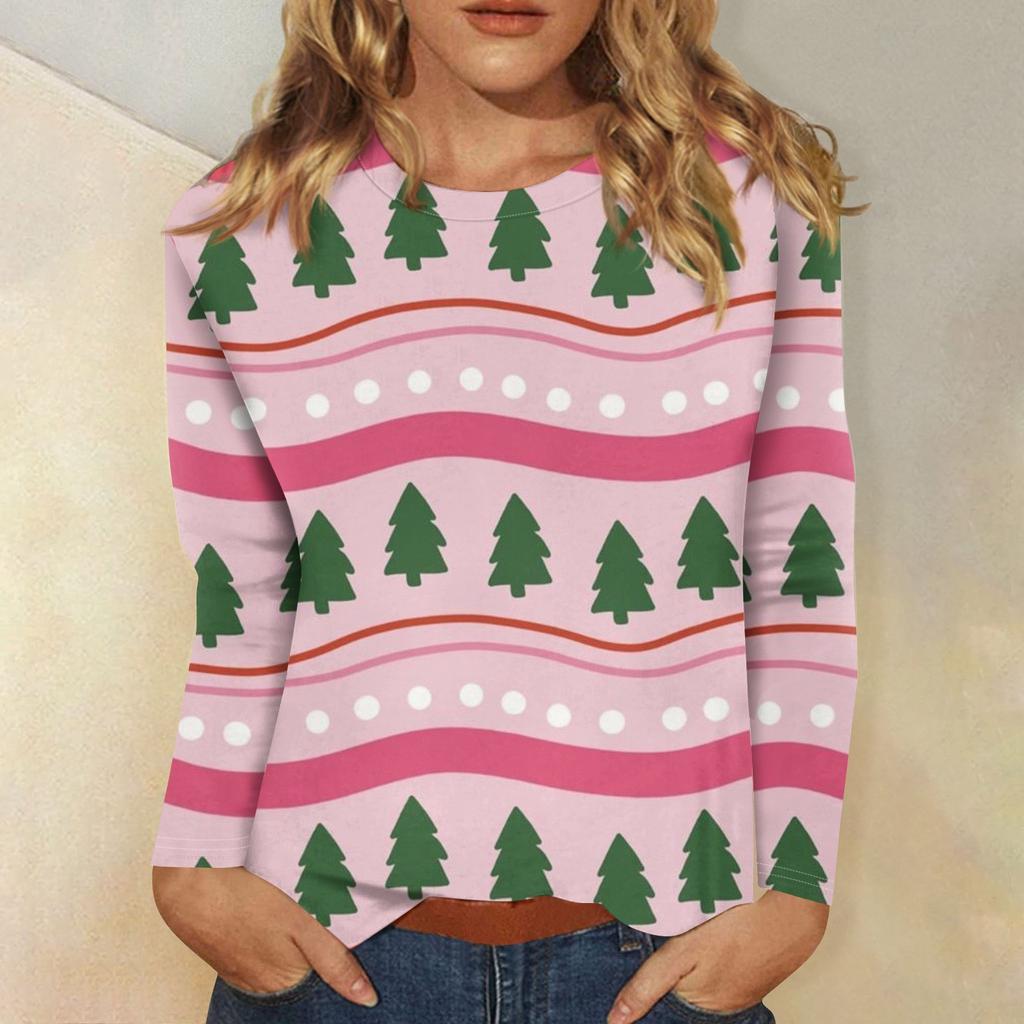 Женская мода повседневная рождественская печать круглый вырез длинный рукав декоративная футболка топ