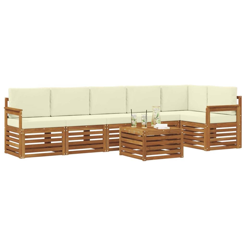 Corner Sofa Set with Cushions 7 pcs Natural and Cream Solid Acacia Wood