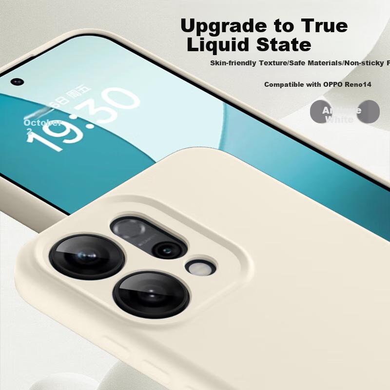 OPPO Reno14 Phone Case, Liquid Silicone Soft, Full Lens Protection, Shockproof, Simple Solid Color, Premium Quality,n, Outer, Antique White