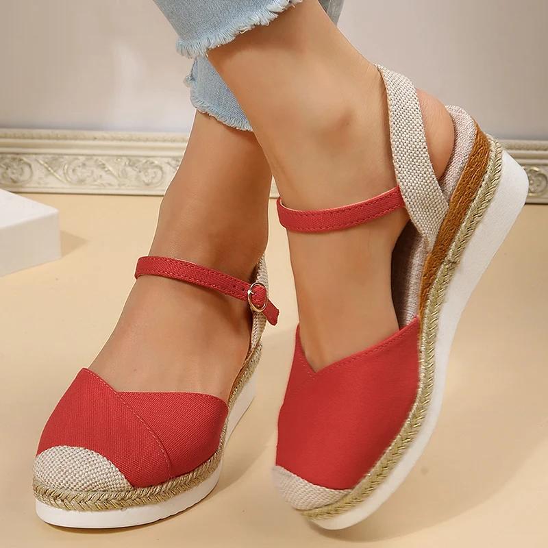 Модные разноцветные сандалии-клинья с закрытым носком, женские сандалии с ремешком на щиколотке, на толстой подошве, женские сандалии большого размера, эспадрильи на платформе, римские туфли