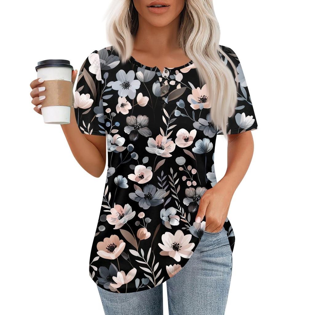 Женский модный повседневный короткий рукав пуловер с принтом на пуговицах и круглым вырезом