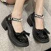 Fashion Bow Pumps Shoes Mary Jane Shoes Women Pearl Chunky Heel Pumps Cute Thick Bottom Increase Japanese Shoes Zapatillas Mujer