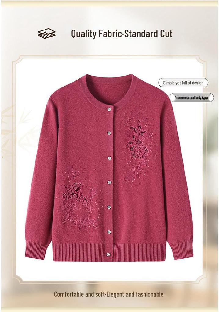 Women's Embroidered Wool Cardigan - Grandma's Warm Round Neck Sweater for Autumn/Winter