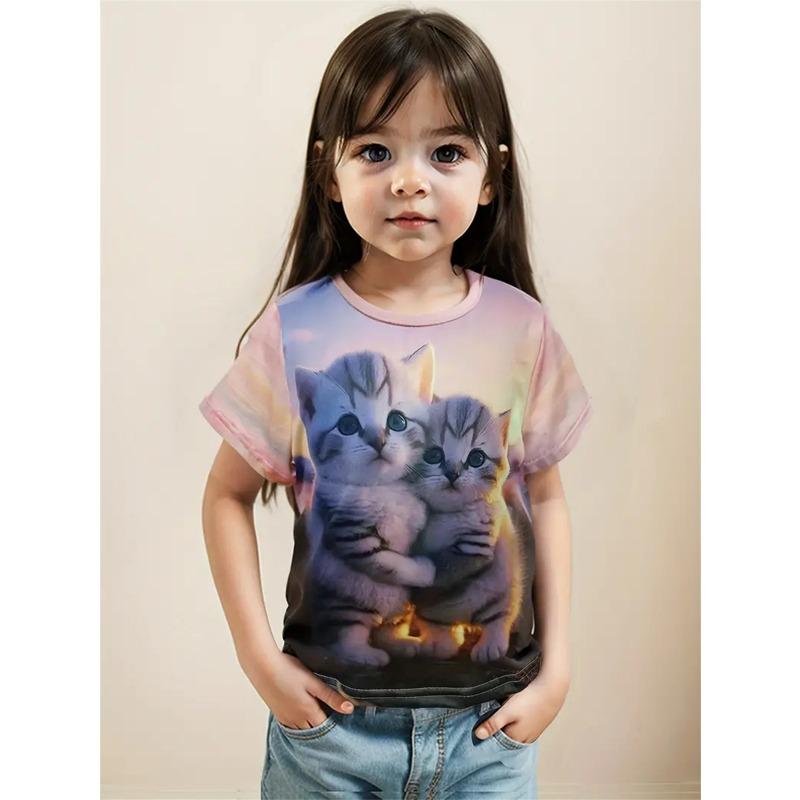 Новые забавные животные кошки 3D принт футболки для девочек модные вечерние топы с короткими рукавами футболки 2025 повседневные футболки одежда для девочек
