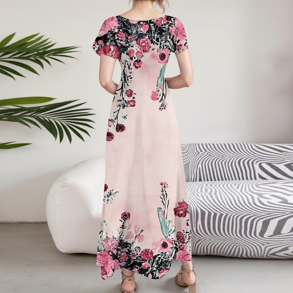 Women's Casual Fashion Print Long Dresses V-Neck Short Sleeve Dresses