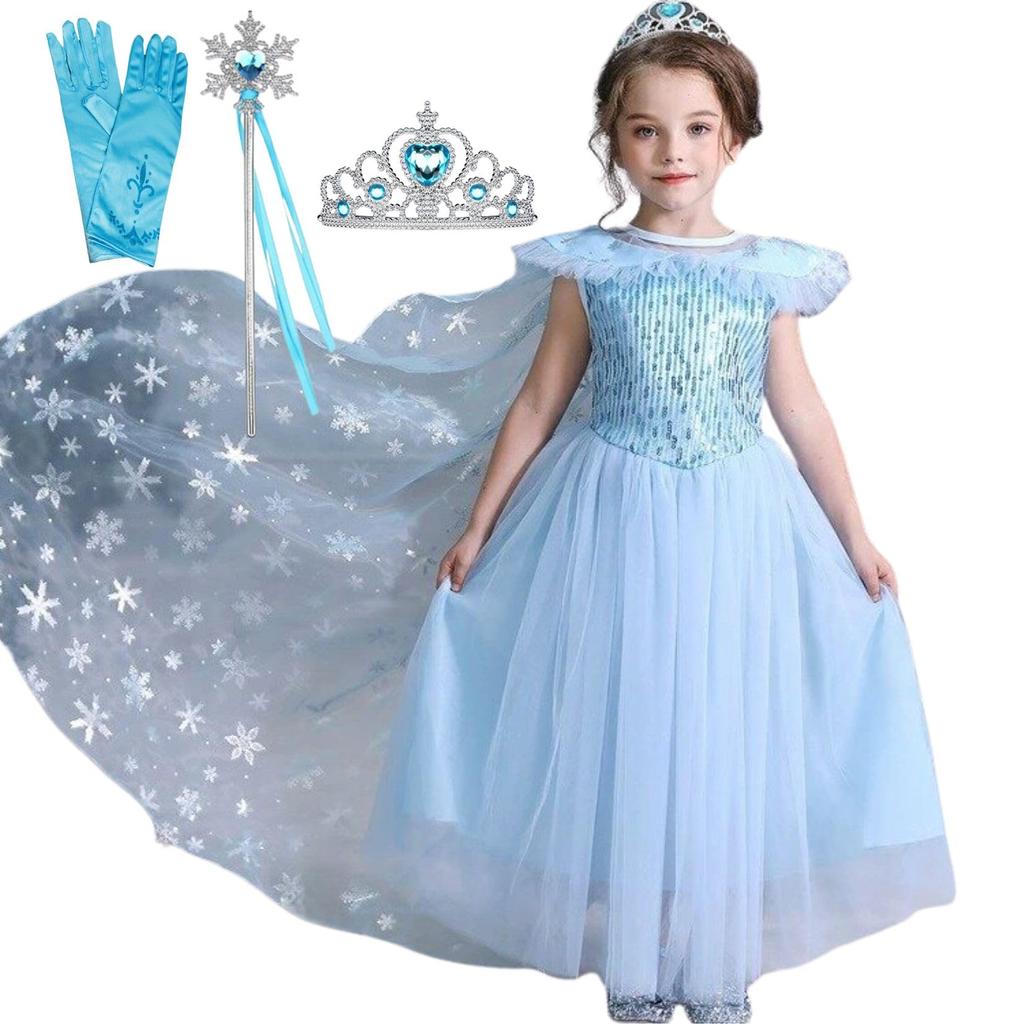 Frozen Elsa Dress Princess Dress Tiara Snowflake Stick Gloves 4 Piece Set Kids Costume Blue Girls 110 Kids Costume Girls Girls Princess Costume