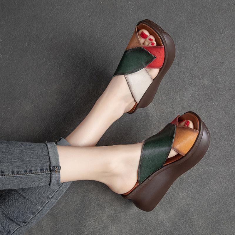 Johnature Женские тапочки на танкетке с открытым носком в стиле ретро, ​​шлепанцы из натуральной кожи на толстой подошве, модная обувь на платформе