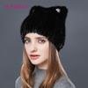 SOMALER Natural Mink Fur Hat ForWomen Cute Cat Ear ThickWinter Hat Female Fashion Fur Knitted Beanie