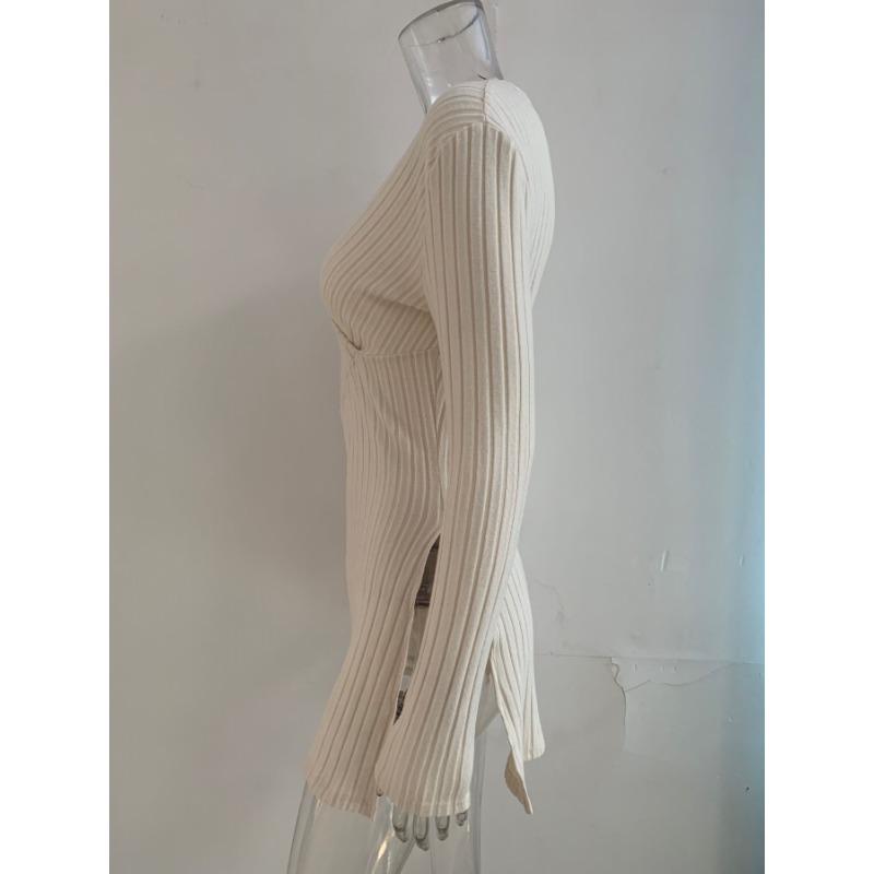 Женский зимний однотонный повседневный домашний топ с длинными рукавами и V-образным вырезом в полоску