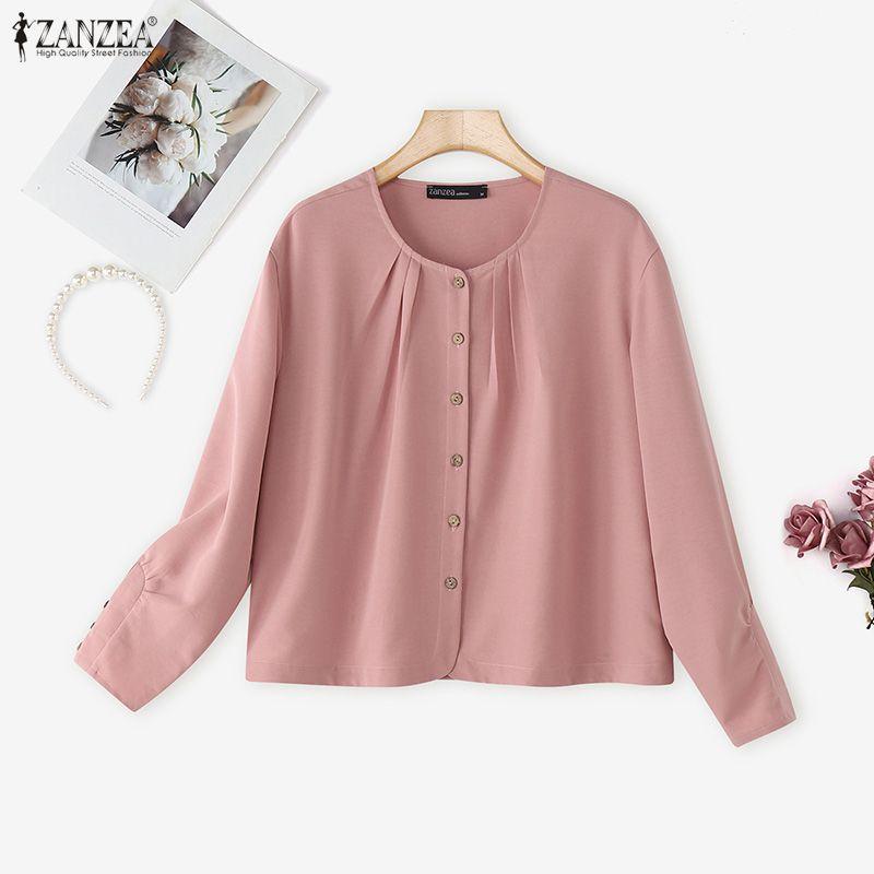 ZANZEA Женская повседневная блузка с круглым вырезом, однотонная, с длинным рукавом, свободного кроя