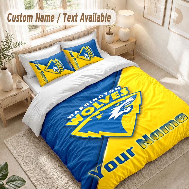 Постельное белье с индивидуальным именем, 3 предмета, принт Warrington Wolves FC, пододеяльник + 2 наволочки, мягкий декор для кровати