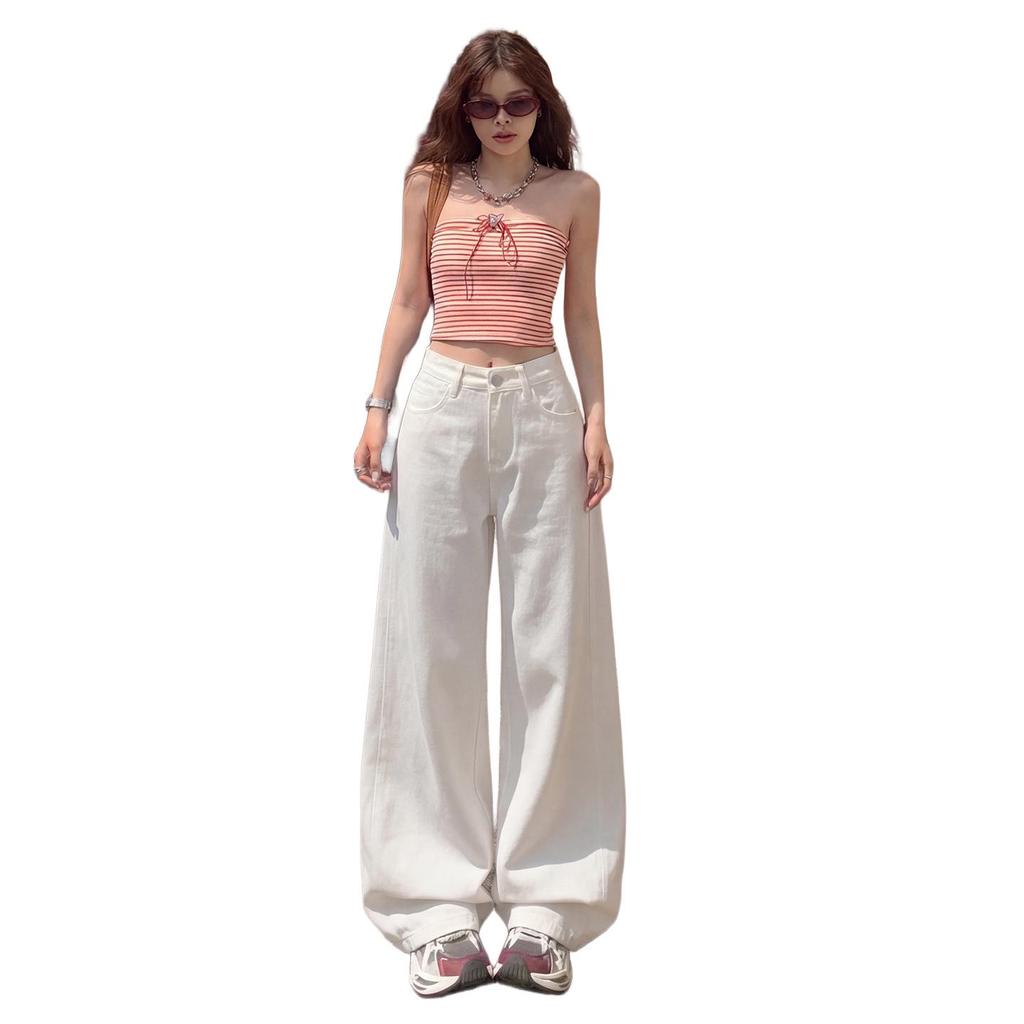 Женские широкие джинсы цвета Off-White: Модный, Омолаживающий Свободный Крой для Весенне-Летней Повседневной Одежды