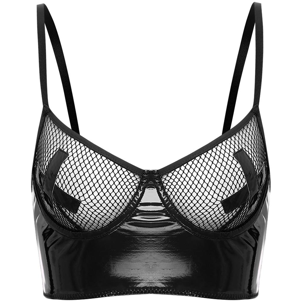 Womens Mesh Underwire Push Up Bra Balconette Bustier Wet Look Crop Top Back Zipper Lingerie