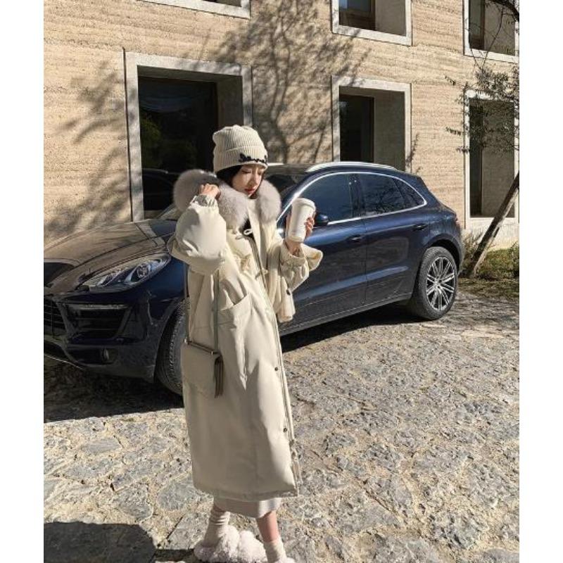 Новая популярная модная корейская версия большого мехового воротника с дизайном Sense Niche Waist зимнее утолщенное хлопковое длинное пальто