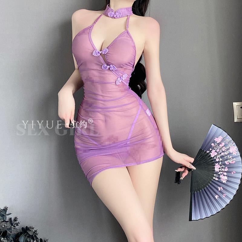 Erotic Lingerie, Sexy ancient-style purple Cheongsam, Women's See-through, hip-hugging, lace-up uniform, Women's no-shirt-off Set 1023
