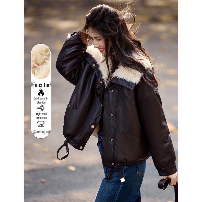 XINFEIYU Женское зимнее пальто из искусственной ПУ кожи с лацканами, на подкладке из искусственной овечьей шерсти