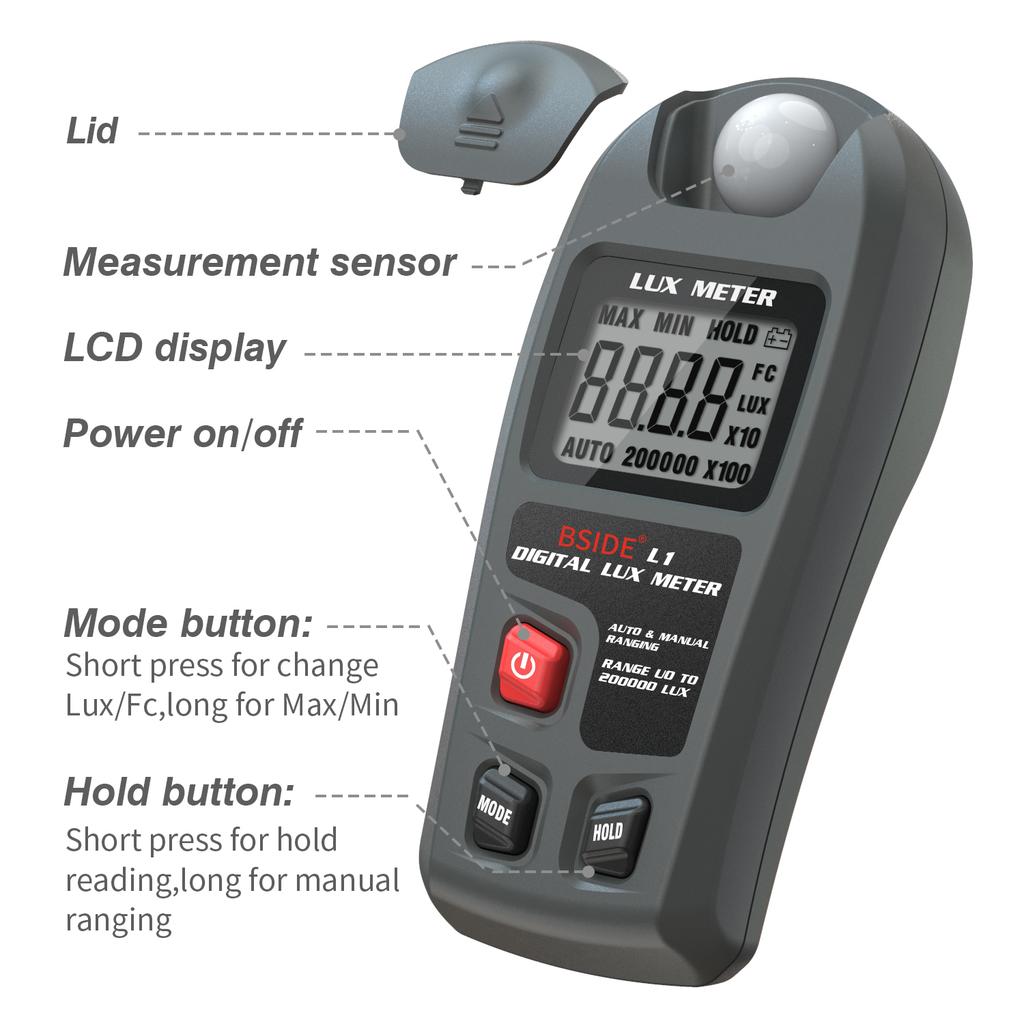 BSIDE L1 Digital Lux Meter Professional 200000 Light Meter FC Lux Illuminometer Photometer Tester LCD High Accuracy Light Tester